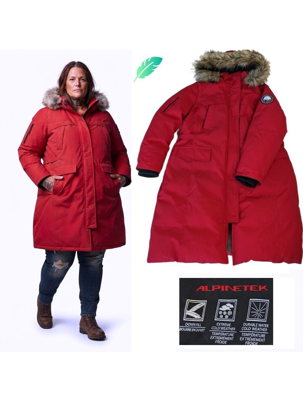 Alpinetek Down Parka Women Coat Down Red XXL Plus 1X 18W